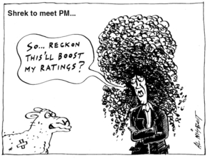 Nisbet, Al, 1958- :Shrek to meet PM... Christchurch Press, 4 May, 2004.
