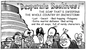 "Desperate Beehives!" THE SOAP THAT'S SWEEPING THE WHOLE COUNTRY BY SNOWSTORM! Lust. Deceit. Bed-hopping. Polygamy. Extra-martial dalliance. Bad acting and like all soaps, full of nerdy characters... 22 September, 2005