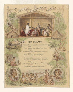 Artist unknown :New Zealand. Mission school. Fair are New Zealand's wooded mountains ... [London?] ; Church Missionary Society [1849 or later?]