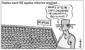 Ozzies want NZ apples chlorine washed... "What's it to be... Cox's Chlorine or Chlorine Delicious?" 8 December, 2005