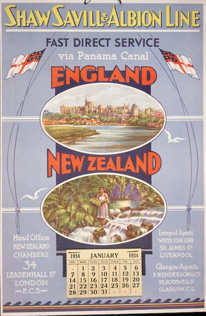 Shaw Savill & Albion Line :Fast direct service via Panama Canal. England [to] New Zealand. [Calendar]. 1934.