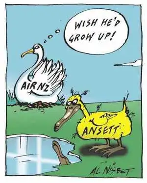 Nisbet, Al 1958- : Air NZ. 'Wish he'd grow up!' Ansett. Christchurch Press. Unpublished.