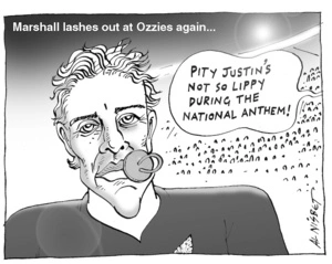 Marshall lashes out at Ozzies again... "Pity Justin's not so lippy during the National Anthem!" 13 August, 2004
