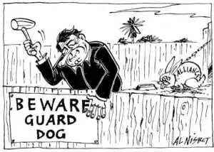 Nisbet, Al 1958- : Beware Guard Dog. Alliance. Christchurch Press. 16 June 2001