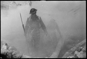 New Zealand soldier at the Cassino battlefront, Italy, during manoeuvres, World War 2