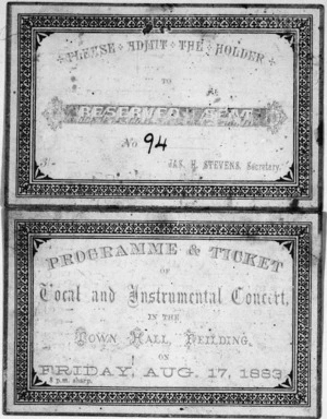 Town Hall Feilding :Local and Instrumental Concert, Friday Aug. 17, 1883. Programme and ticket. [Cover].