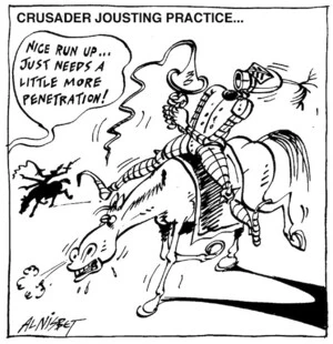 Nisbet, Al, 1958- :Crusader jousting practice... Christchurch Press, 11 March, 2003.