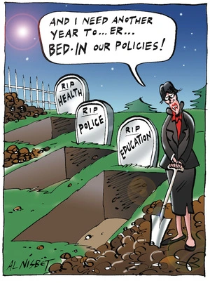 "And I need another year to... Er... BED-IN our policies!" RIP Health. RIP Police. RIP Education. 17 June, 2005