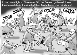 In the dawn light of November 5th, the firemen gathered. It was time to partake in the ritual of their forefathers... the raindance! 6 November, 2004