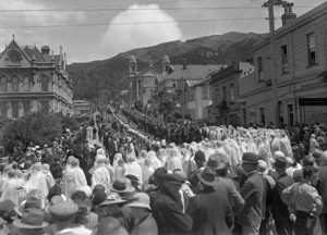 Funeral procession for Archbishop Francis Redwood, Hill Street, Thorndon, Wellington