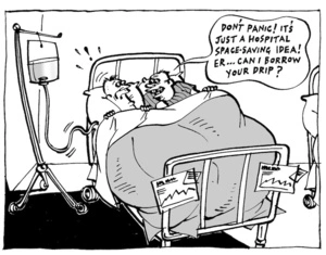 "Don't panic! It's just a hospital space-saving idea! Er... Can I borrow your drip?" 4 March 2004