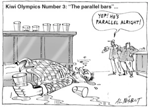 Kiwi Olympics number 3. "The parallel bars"... "Yep! He's parallel alright!" 30 August, 2004.