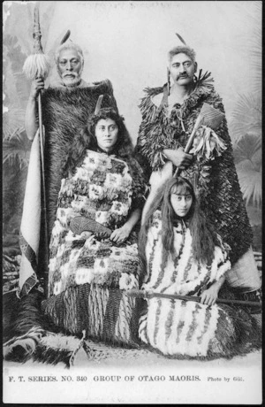 Gill, H J, fl 1912 :Group of Otago Maoris / photo by Gill. F. T. series no. 340. [ca 1899]
