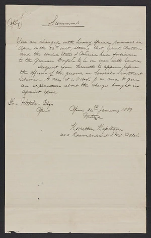 German Summons for R Fletcher by the German captain of SMS `Adler', Fritze