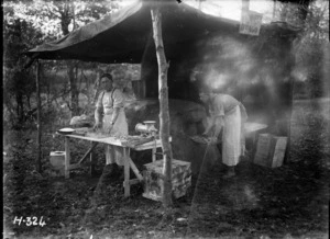 Two men preparing sausage rolls for the Otago Battalion, Selles, France