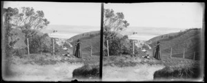 Unidentified woman and dog looking down on Onepoto Gully, Napier