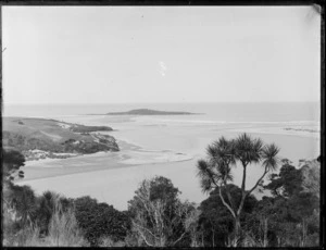 View of river mouth or inlet and small island, [Otago?]