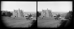 Park’s School, William Street, Dunedin, with a horse-drawn cart belonging to baker M Anderson on the road