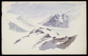Hodgkins, William Mathew, 1833-1898 :[The Great Tasman Glacier from the slopes of Mount Cook. February 1882. After William Spotswood Green? 1885?]