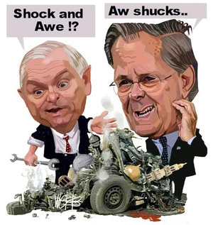 Robert Gates and Donald Rumsfeld. "Shock and awe!?" "Aw shucks..." 9 November, 2006.
