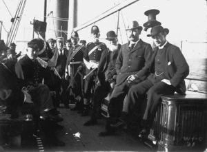 Crawford, William Fitzgerald, 1844-1916: Group on board the Tutanekai, travelling to the funeral of Ropata Wahawaha
