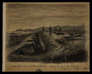Robley, Horatio Gordon 1840-1930 :Earthworks and fence of the Gate Pa looking east from the breach. Early morn, 30 April, 1864.
