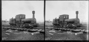 [Pine Co's?] steam locomotive with unidentified men, location unknown