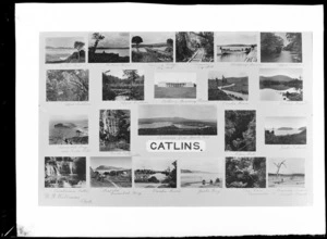 Montage of 22 scenes in the Catlins district, including Catlins Bar, Catlins River, Big Mill tramway, Upper Catlins, Owaka River, Cannibal Bay, Barr's Falls, Jack's Island, Pounewea and Hollberg's launch and boarding house.