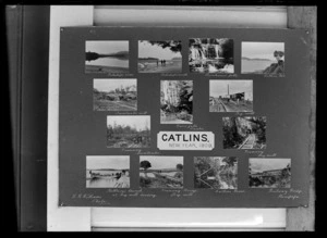 Montage of Catlins photographs, labelled 'Catlins New Year 1909', including Tahakopa River, Purahanui Falls, Sweetwater mill and tramway, Big mill and tramway, Barr's Falls, Hollberg's launch, Catlins River and bar, Houipapa railway bridge