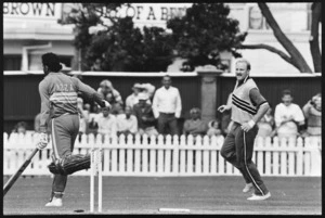 Cricketer running between wickets at match between New Zealand and India at the Basin Reserve, Wellington