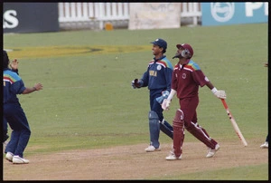Kiran More and Phil Simmons in a cricket match between India and West Indies at the Basin Reserve, Wellington