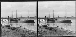 Ships moored at pier [Aparima River? Jacobs River Estuary?], Riverton, Southland Region