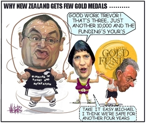 Why New Zealand gets few gold medals. "Good work Trevor! That's three... Just another 10,000 and the funding's your's." "Take it easy Michael, I think we're safe for another four years." 28 March, 2006.