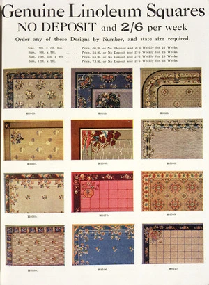 Farmers Trading Co. Ltd :Genuine linoleum squares. No deposit and 2/6 per week. Order any of these designs by number, and state size required. [1932].