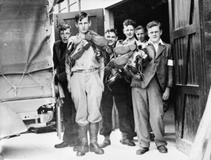 Members of the New Zealand Home Guard receiving equipment