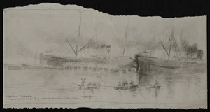 Hodgkins, William Mathew 1833-1898 :Warrimoo & Mararoa preparing to leave the Tongue Wharf, Dunedin, 16 Nov 1892