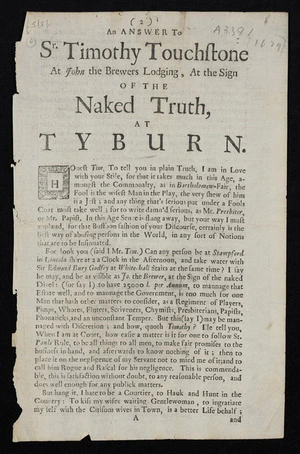 An answer to Sr. Timothy Touchstone at John the brewers lodging, at the sign of the Naked Truth, at Tyburn.
