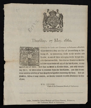 Thursday, 17 May. 1660. Ordered by the Lords and Commons in Parliament assembled, that there be a stop and stay of demolishing or defacing of, or committing waste in the houses and lands, or any of them belonging to the Kings Majesty that are not sold;...