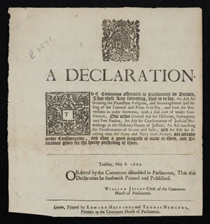 A declaration. The Commons assembled in Parliament do declare, that these acts following, that is to say, an act for securing the protestant religion, ...