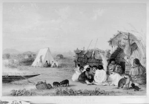 Angas, George French, 1822-1886 :Evening scene. Encampment at Maurea on the banks of the Waikato. / George French Angas del. Pubd by Smith, Elder & Co., London. Day & Haghe, lithrs to the Queen. 1847.