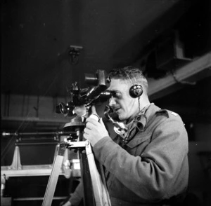 New Zealand army officer with rangefinder for coastal guns at Godley Head