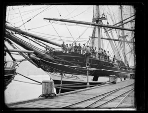 View of the prow of the sailing ship Otaki, at Port Chalmers.