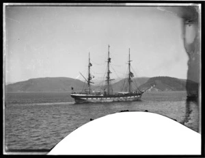 Sailing ship Zealandia in Otago Harbour, being towed to Dunedin