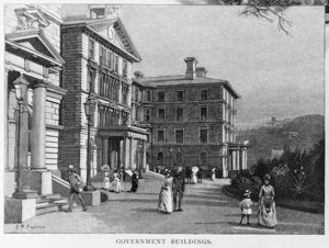 Ashton, Julian Rossi, 1851-1942 :Government Buildings, [Wellington] ; [Sydney ; Picturesque Atlas Publishing Co. Ltd. 1886]