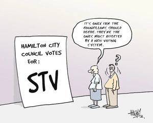 Hamilton City Council votes for STV. "It's only fair the councillors should decide. They're the ones most affected by a new voting system." 2 December, 2005.