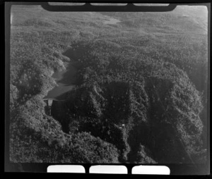 View of Auckland City Council watershed area with the Lower Huia Reservoir surrounded by bush, Waitakere Ranges, Auckland City