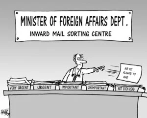 Minister of Foreign Affairs Dept. Inward mail sorting Centre, Very urgent, urgent, important, unimportant, not even read. 10 October, 2007