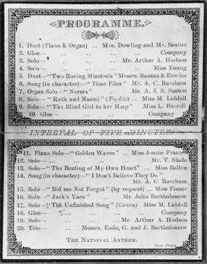 Town Hall Feilding :Local and Instrumental Concert, Friday Aug. 17, 1883. Programme and ticket. [Inside].