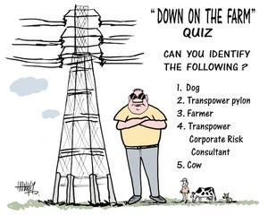'Down on the farm' Quiz. Can you identify the following? 1. Dog, 2. Transpower pylon, 3. Farmer, 4. Transpower Corporate Risk Consultant, 5. Cow. 23 November, 2007