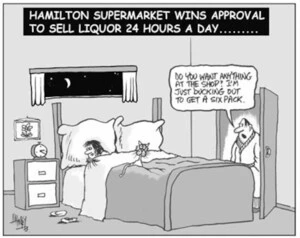 Hamilton supermarket wins approval to sell liquor 24 hours a day...... "Do you want anything at the shop? I'm just ducking out to get a six pack." 3 December, 2003